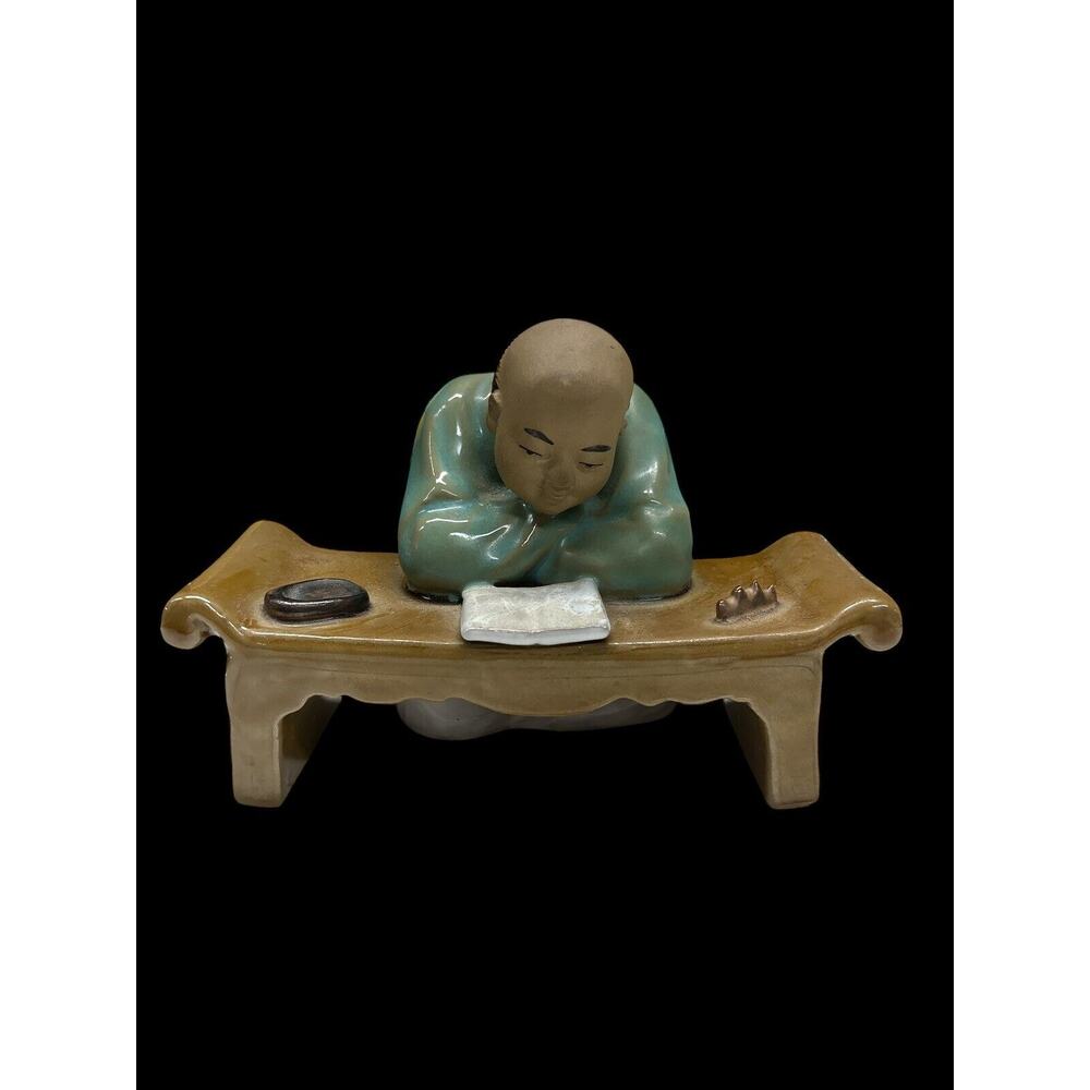 Vintage Chinese Mudman Figurine Man Reading Book Table Desk Porcelain Ceramic